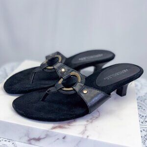 Women's Black Leather Aerosoles Thong Sandal Gold Detail Heels